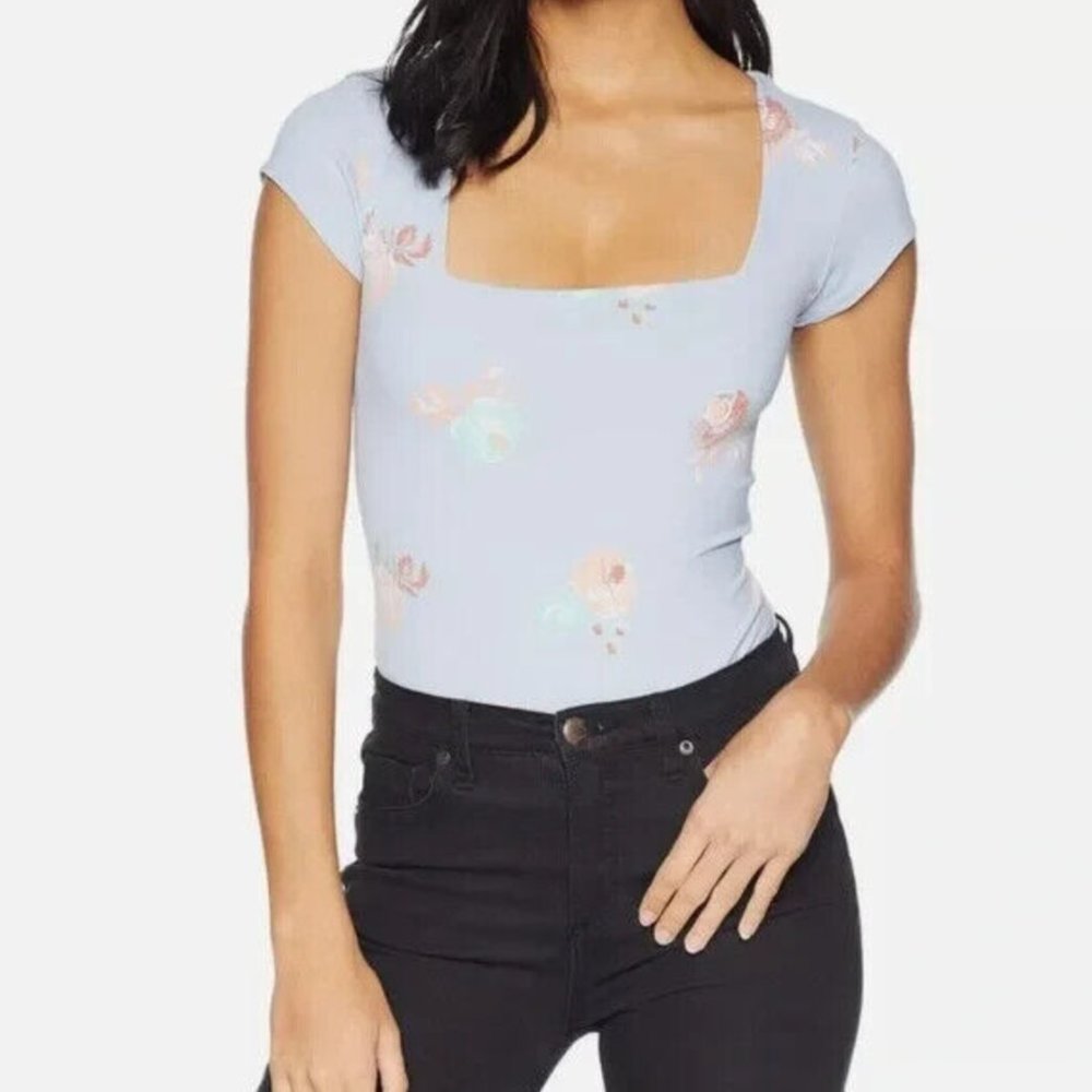 Free People Intimately Bodysuit Blue Pastel Floral Square Neck Shirt Size S